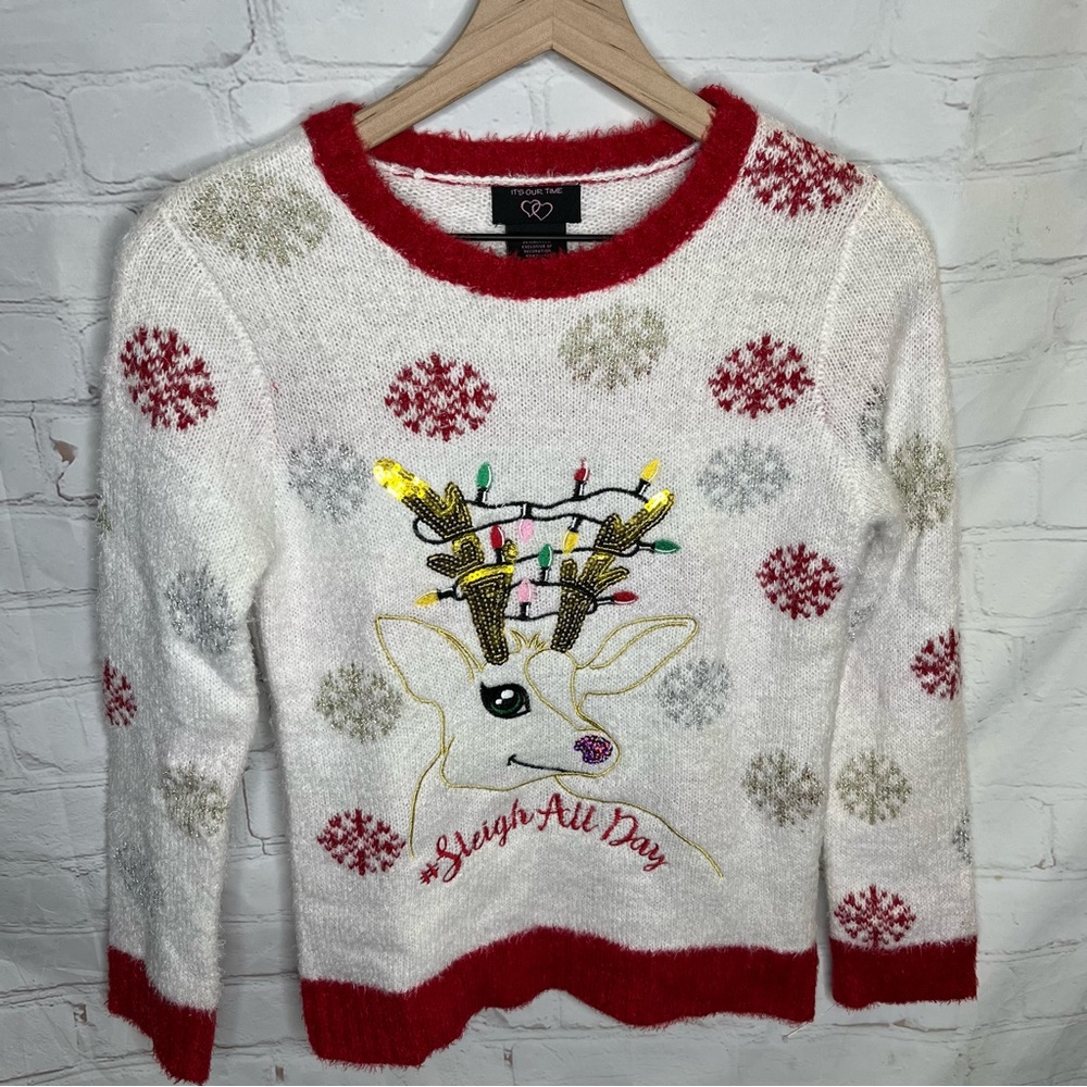 NEW It’s Our Time Girls Sleigh All Day Reindeer Christmas Sweater Size XL